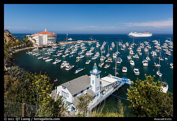 Yacht club, casino, harbor and cruise ship, Avalon, Catalina. California, USA
