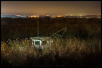Fishing boat amongst tall grasses by night, Alviso. San Jose, California, USA ( color)