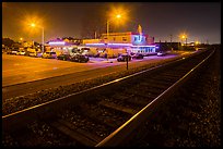 Railroad tracks and restaurant at night, Alviso. San Jose, California, USA ( color)