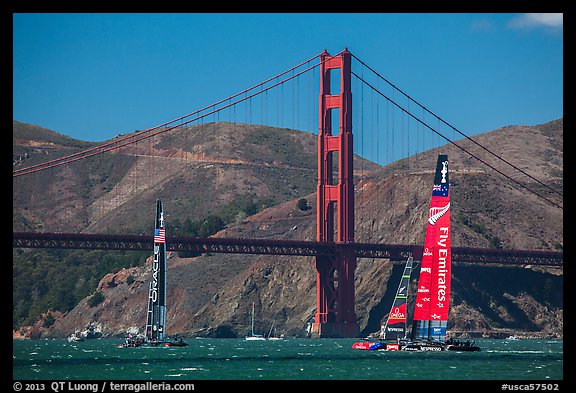 USA and New Zealand America's cup boats and Golden Gate Bridge. San Francisco, California, USA (color)