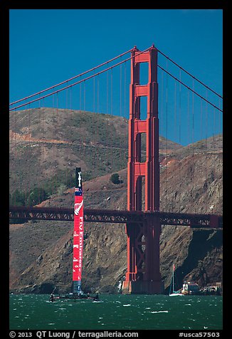 New Zealand Challenger America's cup boats and Golden Gate Bridge. San Francisco, California, USA (color)