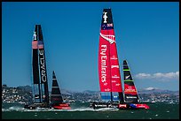 New Zealand boat leading USA boat on first downwind leg of decisive race. San Francisco, California, USA ( color)