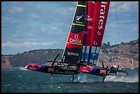Emirates Team New Zealand Aotearoa catamaran foiling in upwind leg. San Francisco, California, USA ( color)