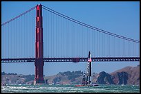 Oracle Team USA boat in front of Golden Gate Bridge during Sept 25 final race. San Francisco, California, USA ( color)