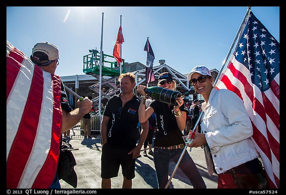Supporters of team USA celebrating victory in America's Cup. San Francisco, California, USA