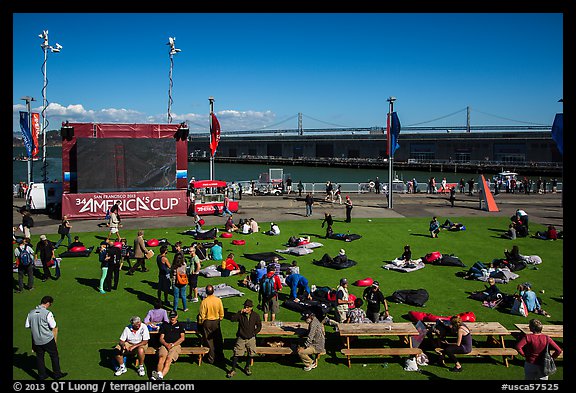 Synthetic lawn and giant screen, America's Cup Park. San Francisco, California, USA