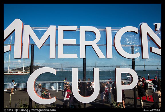 Bay Bridge seen through America's Cup log at America's Cup Park. San Francisco, California, USA (color)