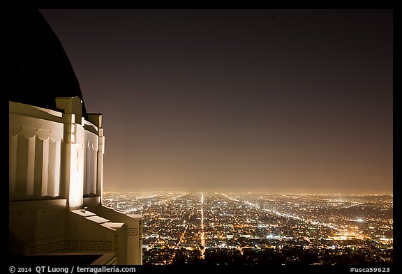 Griffith Observatory and street lights at night. Los Angeles, California, USA (color)