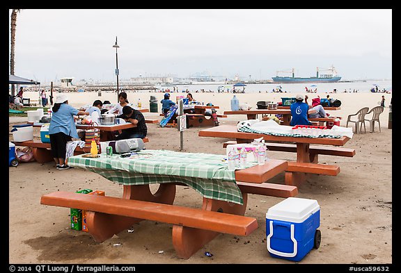 Picnic tables on beach, San Pedro. Los Angeles, California, USA (color)