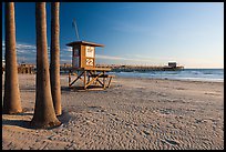 Lifeguard tower, empty beach, and Newport Pier. Newport Beach, Orange County, California, USA ( color)