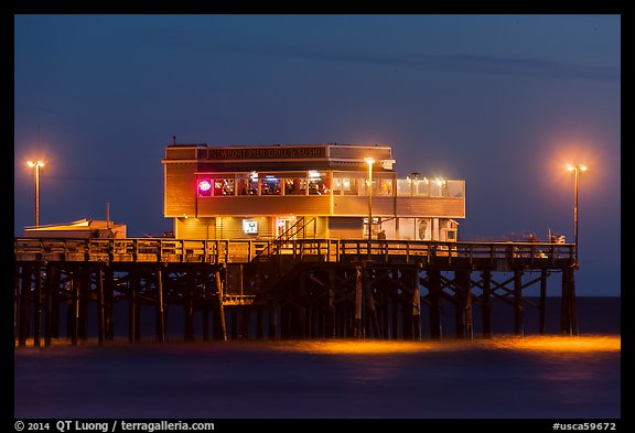 Newport Pier and restaurant at night. Newport Beach, Orange County, California, USA (color)