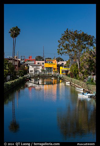 Brightly painted houses along canal. Venice, Los Angeles, California, USA (color)