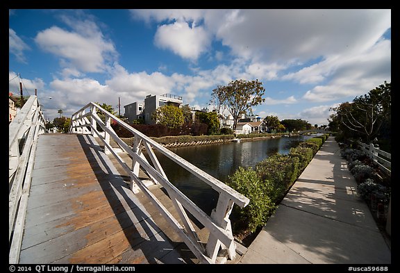 Bridge and walkway, Venice Canal Historic District. Venice, Los Angeles, California, USA (color)