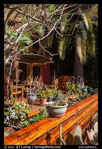 Front deck with potted plants. Venice, Los Angeles, California, USA (color)