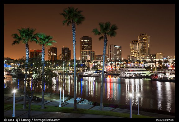 Skyline at harbor at night. Long Beach, Los Angeles, California, USA (color)
