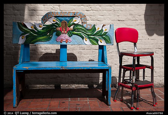 Decorated bench, El Pueblo. Los Angeles, California, USA (color)