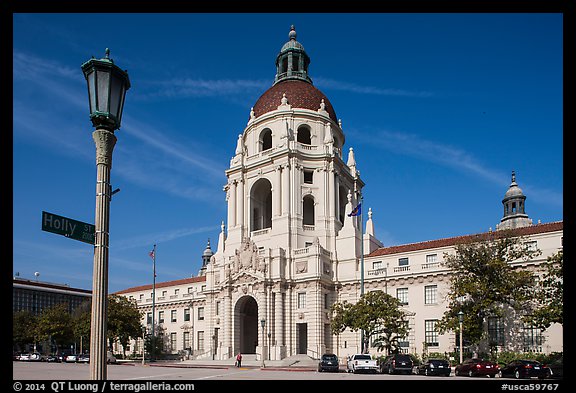Lamp post and city hall. Pasadena, Los Angeles, California, USA (color)