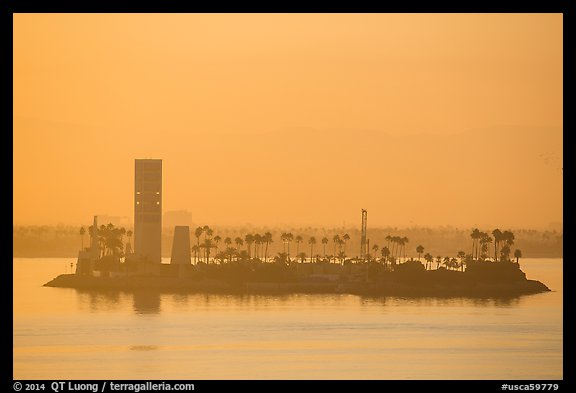 Islet at sunrise in harbor. Long Beach, Los Angeles, California, USA (color)