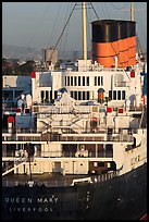 Queen Mary stern and smokestacks at sunrise. Long Beach, Los Angeles, California, USA ( color)