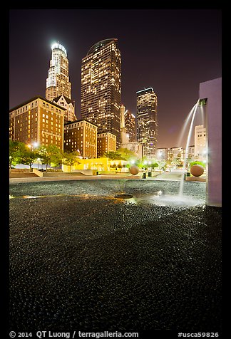 Fountain and high-rises at night, Pershing Square. Los Angeles, California, USA (color)