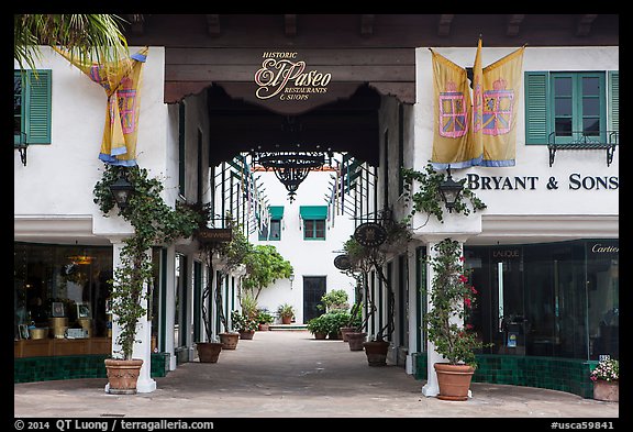 Entrance of Historic Paseo shopping area. Santa Barbara, California, USA (color)