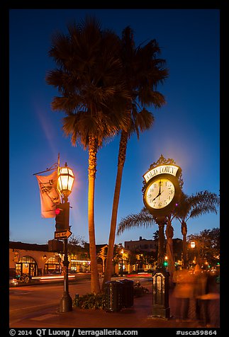 Old Town clock at dusk, State Street. Santa Barbara, California, USA (color)