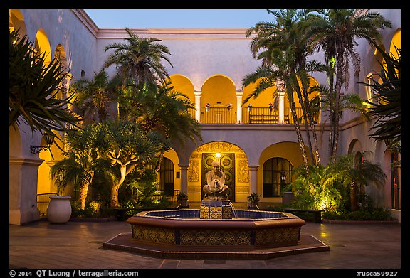 Casa de Balboa mauresque courtyard at dusk. San Diego, California, USA (color)