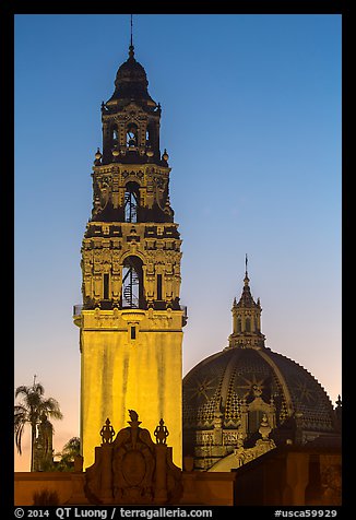 Museum of Man tower and dome at dusk. San Diego, California, USA