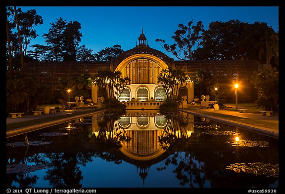 Botanical Building and reflection at night. San Diego, California, USA (color)