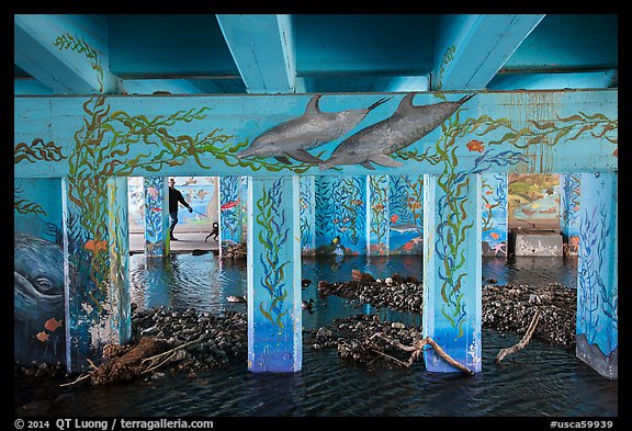 Man walking dog in underpass with mural, Leo Carrillo State Park. Los Angeles, California, USA