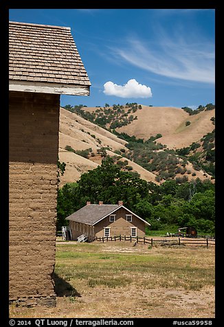 Barracks and hills, Fort Tejon state historic park. California, USA (color)