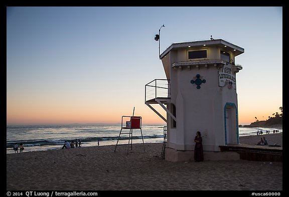 Beach and lifeguard tower at sunset. Laguna Beach, Orange County, California, USA