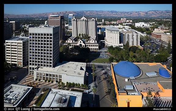 Aerial view of Tech Museum and Plaza de Cesar Chavez. San Jose, California, USA (color)