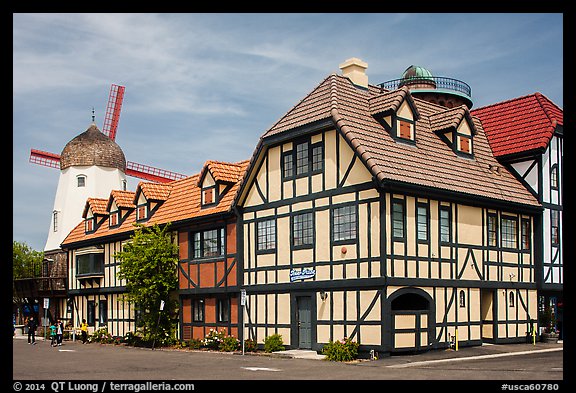 Half-timbered buildings and windmill. Solvang, California, USA (color)