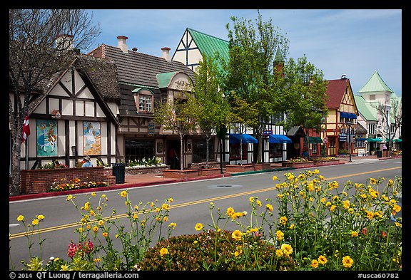Street and flowers. Solvang, California, USA (color)