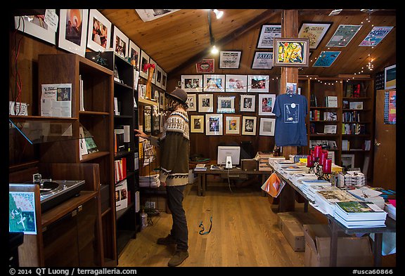 Visitor browsing, Henry Miller Memorial Library. Big Sur, California, USA (color)