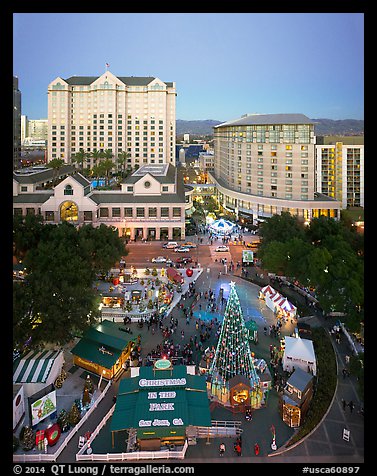 Aerial view of Christmas in the Park and Fairmont Hotel. San Jose, California, USA (color)