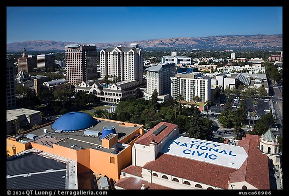Aerial view of dowtown, City National Civic, and Plaza Cesar Chavez. San Jose, California, USA (color)