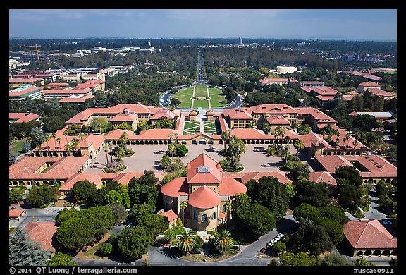 Aerial view of Main Quad. Stanford University, California, USA (color)