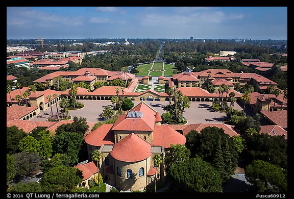 Aerial view of Memorial Church, Main Quad, and Oval. Stanford University, California, USA (color)