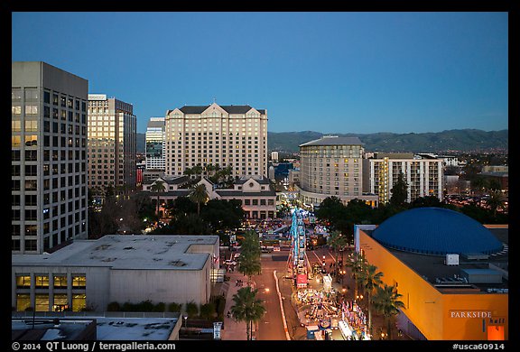 Aerial view of downtown at dusk during holidays. San Jose, California, USA