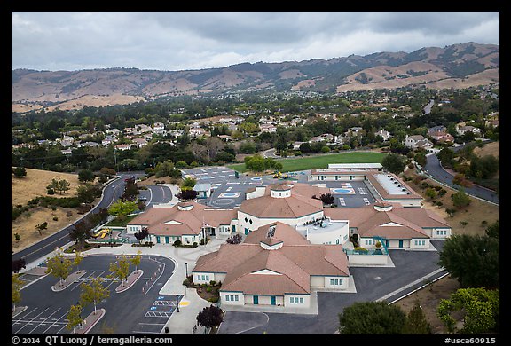 Aerial view of Silver Oak school and Evergreen hills. San Jose, California, USA