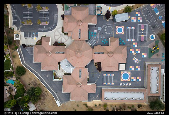 Aerial view of Silver Oak school roofs and courtyards. San Jose, California, USA