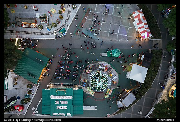 Aerial view of Christmas in the Park looking straight down. San Jose, California, USA (color)