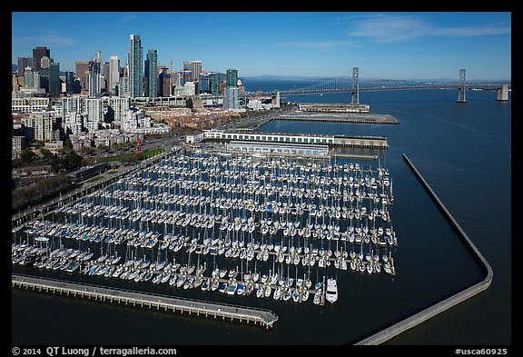 Aerial view of South Beach Harbor, downtown, and Bay Bridge. San Francisco, California, USA