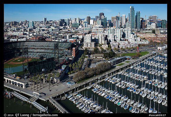 Aerial view of South Beach Harbor, ATT Park, and South of Market. San Francisco, California, USA (color)