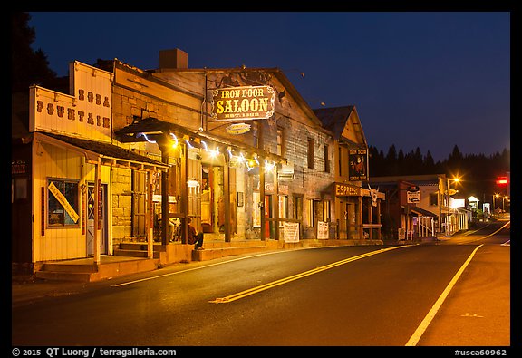 Iron Door Saloon and Groveland main street at night. California, USA (color)