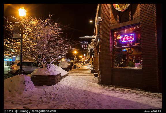 Main street in winter at night, Truckee. California, USA (color)