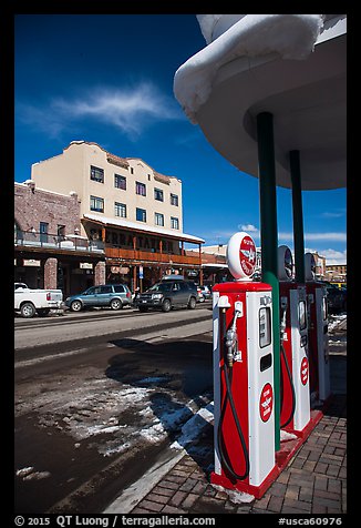 Gas pumps and street, Truckee. California, USA (color)