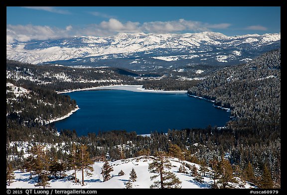 Donner Lake and snowy mountains in winter. California, USA